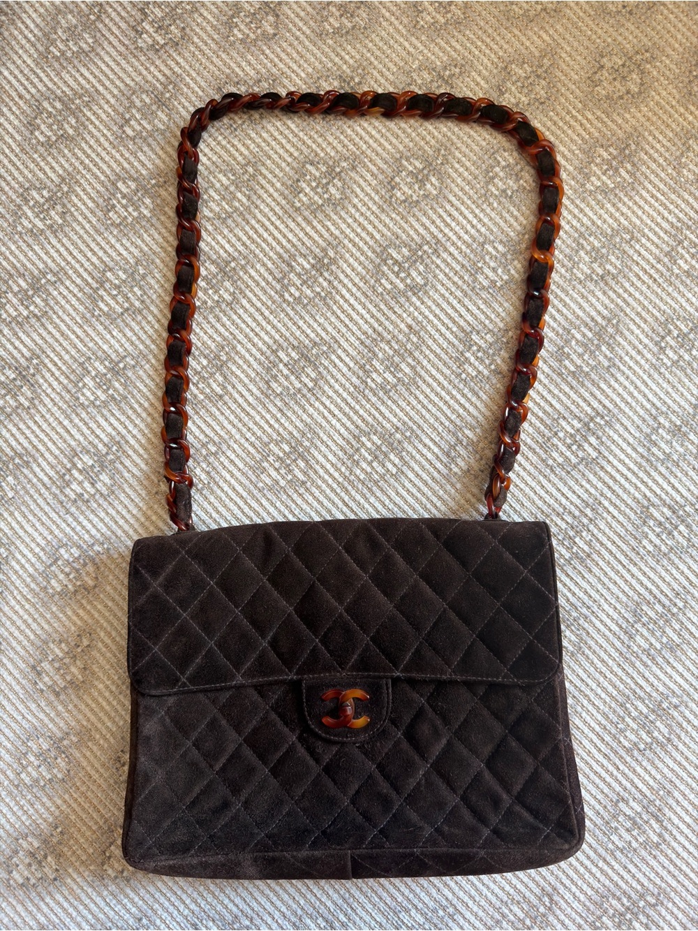 CHANEL Brown Quilted Suede Flap Bag with Tortoiseshell-Effect Chain
